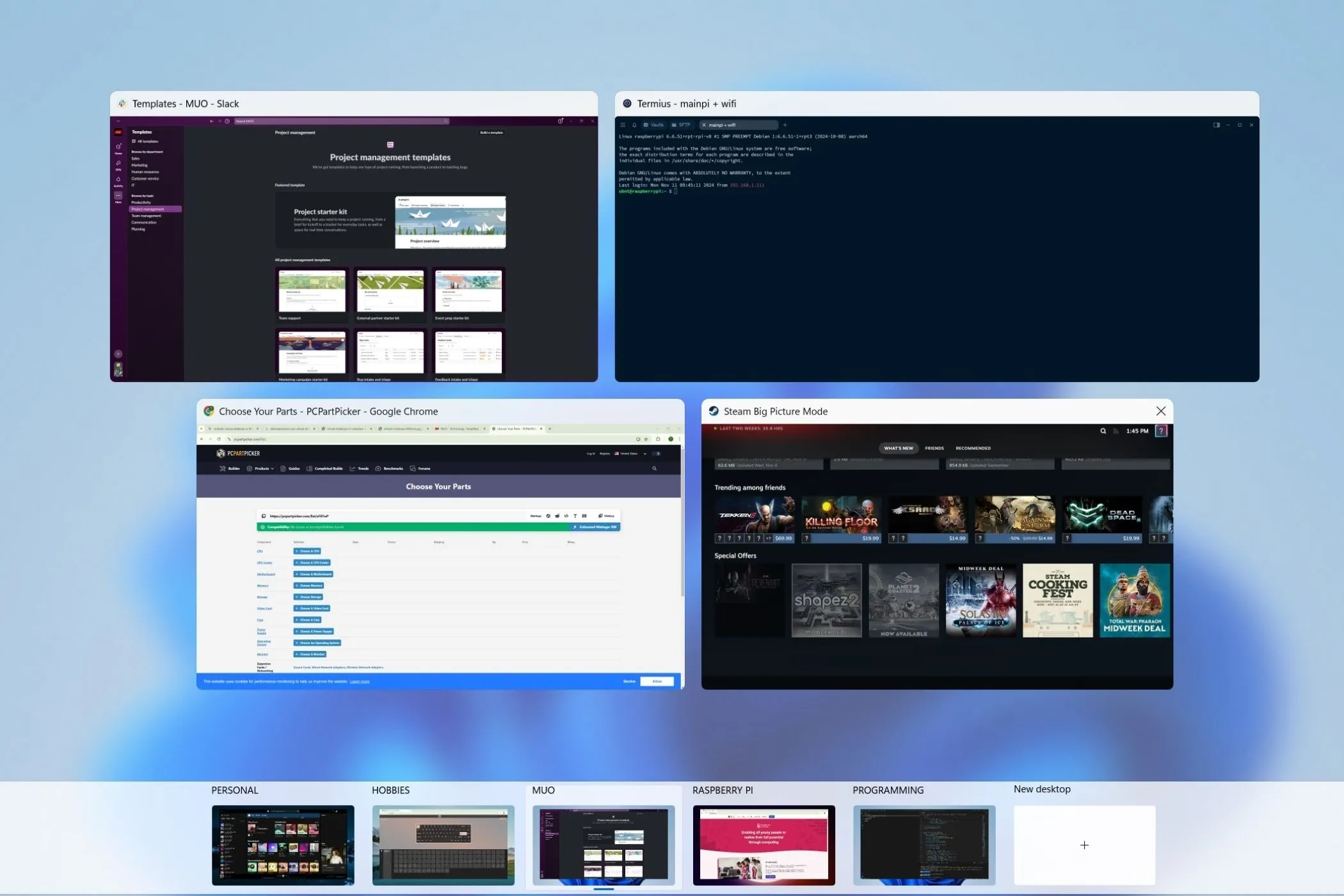 Giao diện quản lý màn hình ảo trong Windows 11 cho phép xem và chuyển đổi giữa các desktop
