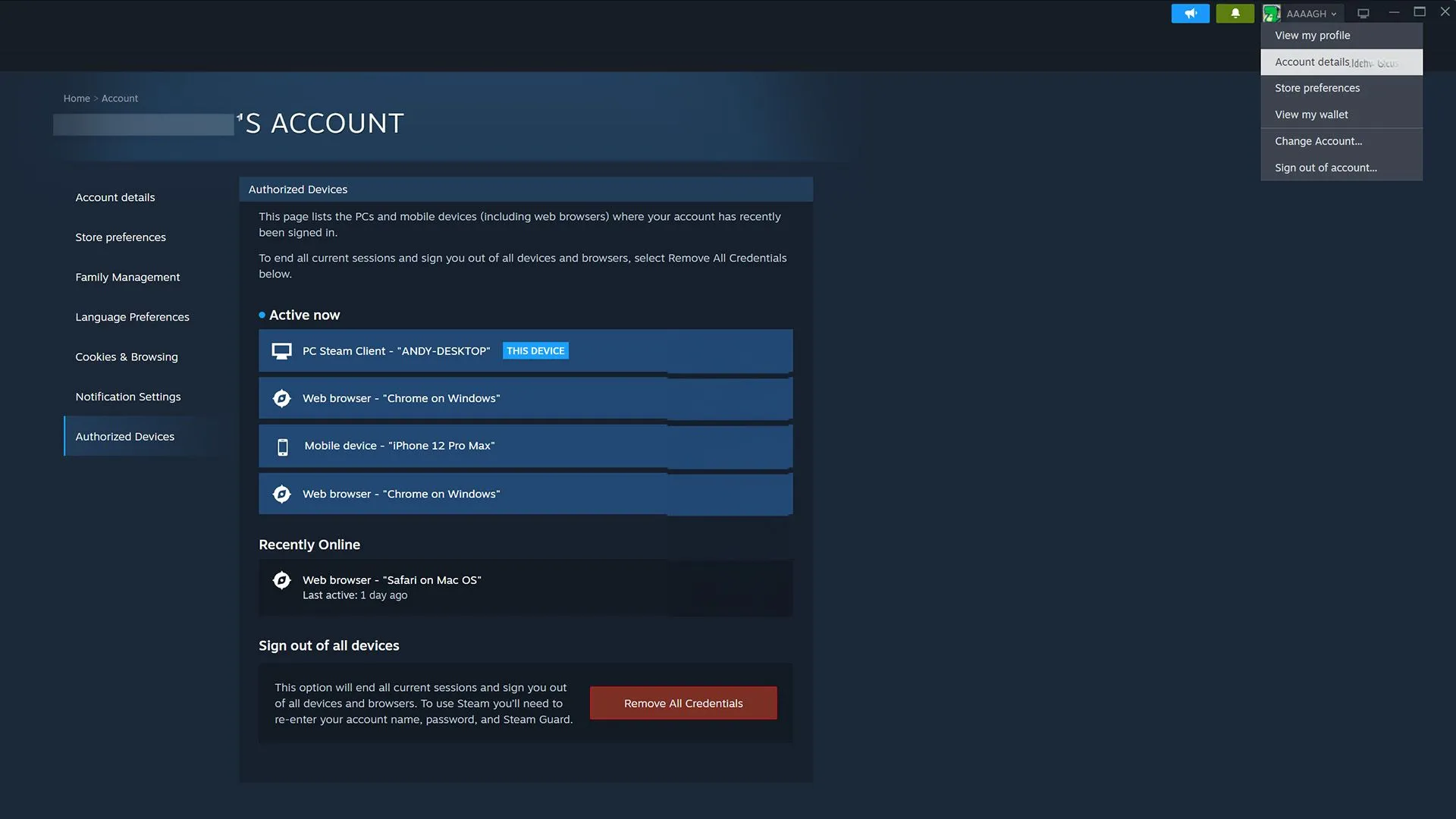 Giao diện quản lý thiết bị ủy quyền trên Steam để loại bỏ đăng nhập không mong muốn