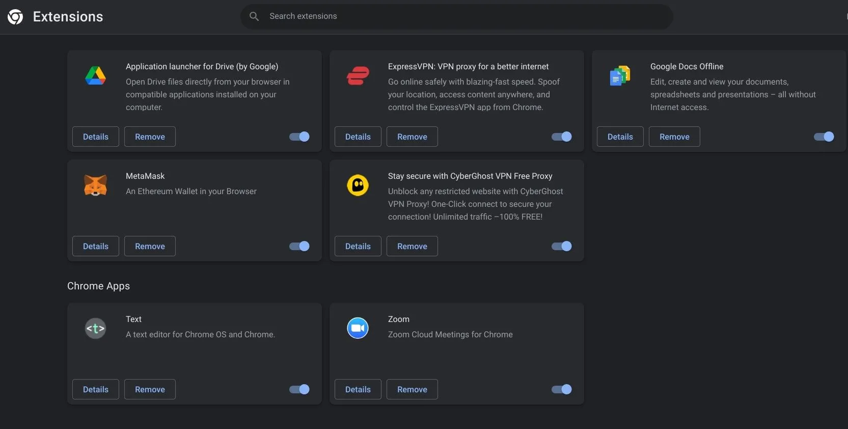 Giao diện quản lý tiện ích mở rộng trên Google Chrome