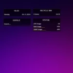 Giao diện Rainmeter mặc định (Illustro) với các widget đồng hồ, thông tin hệ thống, lịch trên desktop Windows, minh họa khả năng tùy biến máy tính.