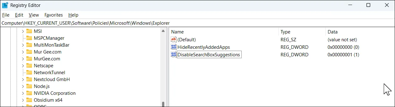 Giao diện Registry Editor trong Windows 11 khi tùy chỉnh cài đặt tìm kiếm.