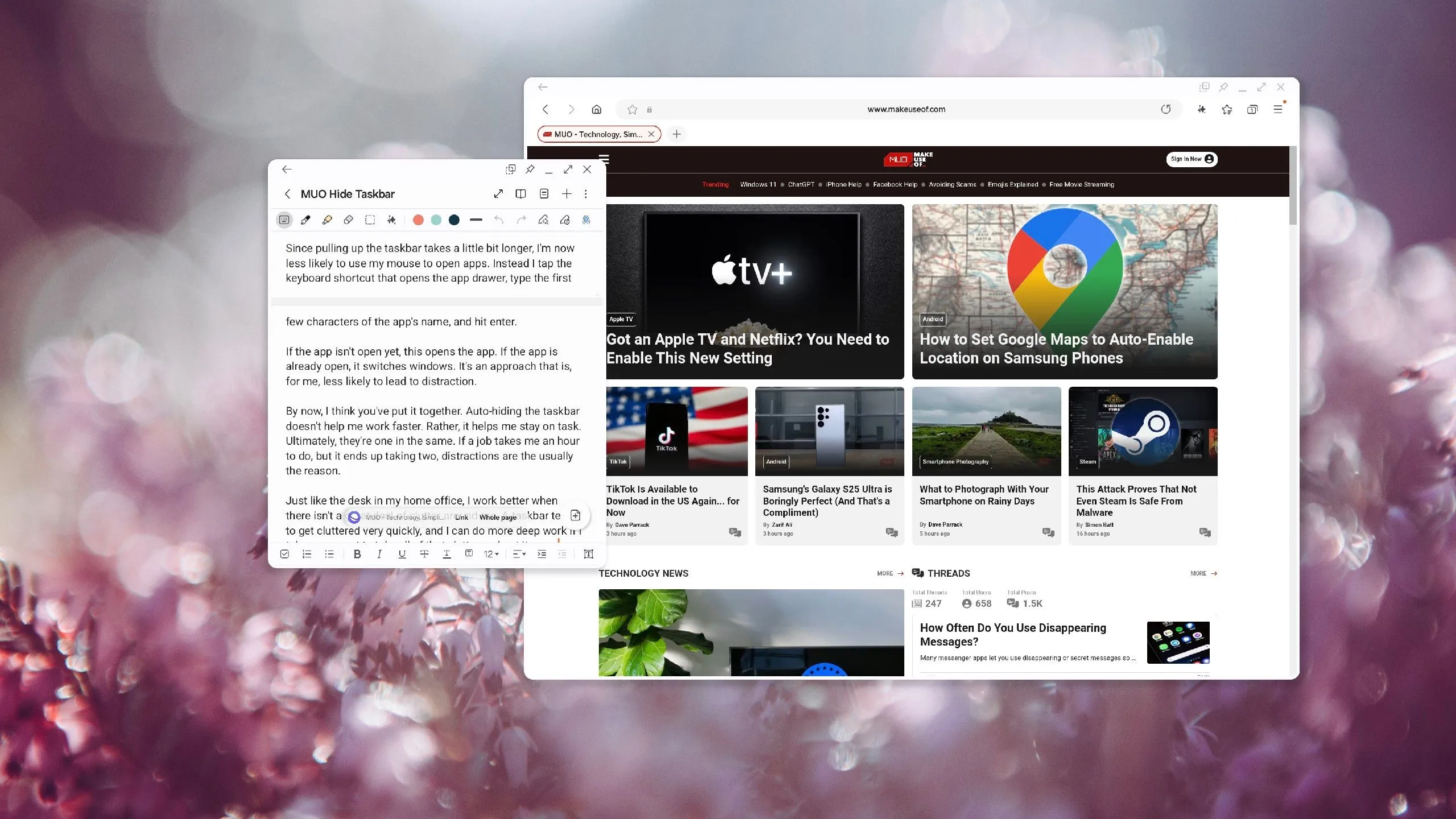 Giao diện Samsung DeX với Samsung Notes và Samsung Internet đang mở, cho thấy không gian làm việc tập trung sau khi ẩn thanh tác vụ.