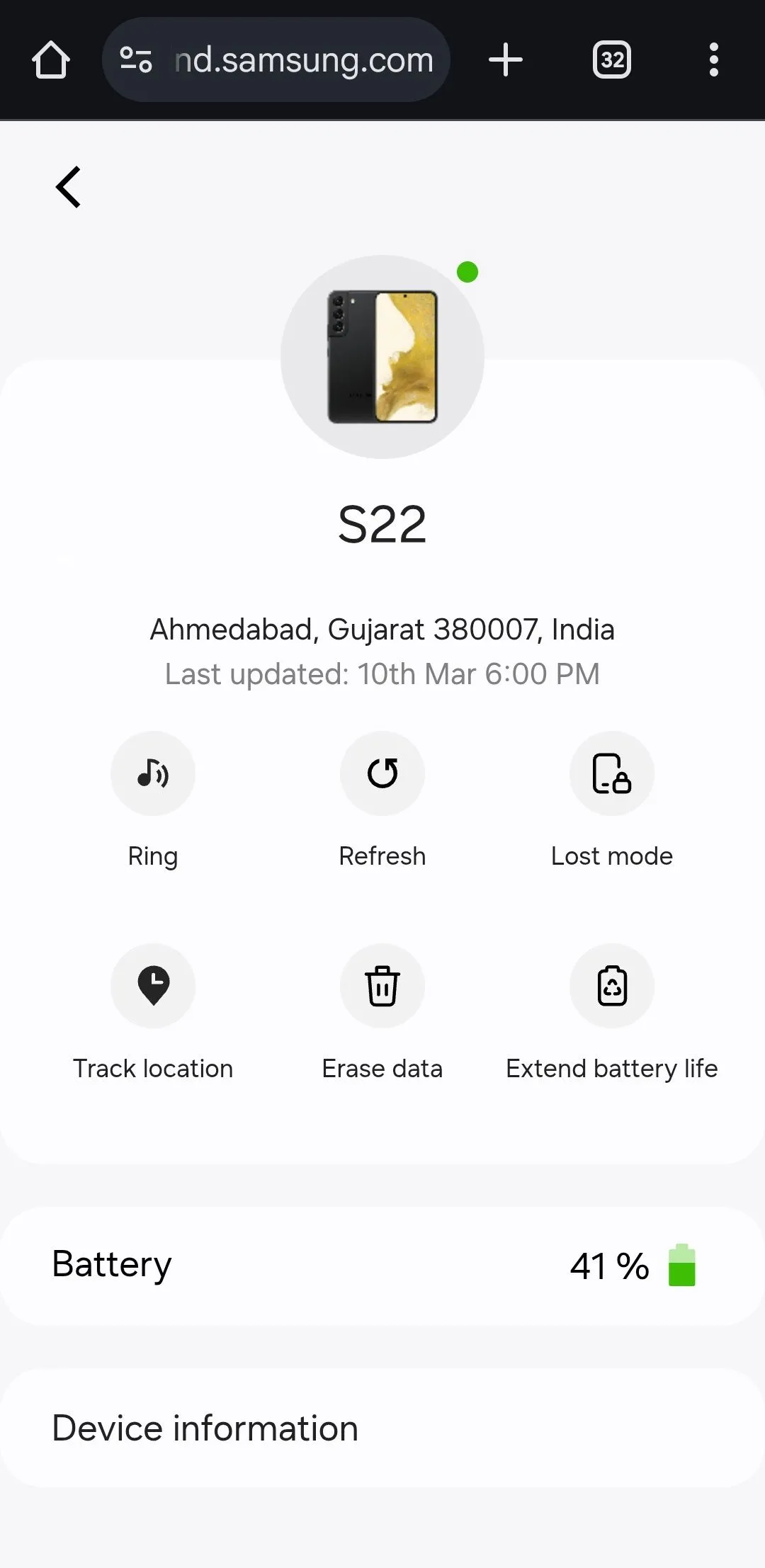 Giao diện Samsung SmartThings Find hiển thị các tùy chọn trên trình duyệt Android