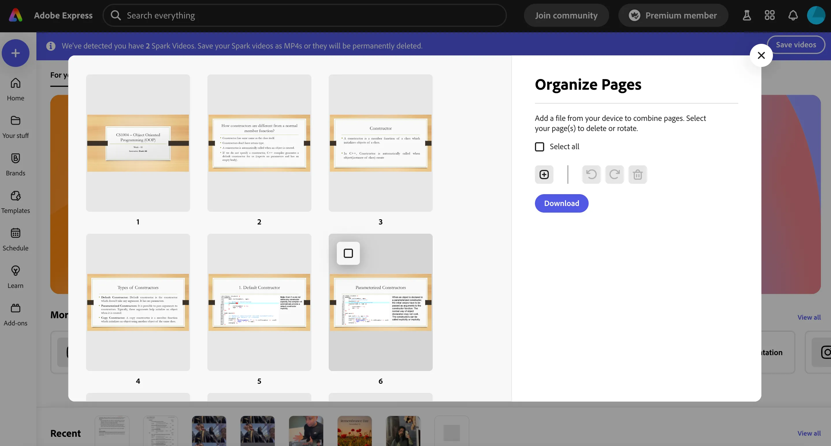 Giao diện &quot;Sắp xếp trang&quot; trong Adobe Express, cho phép người dùng tùy chỉnh thứ tự, thêm hoặc xóa trang PDF.