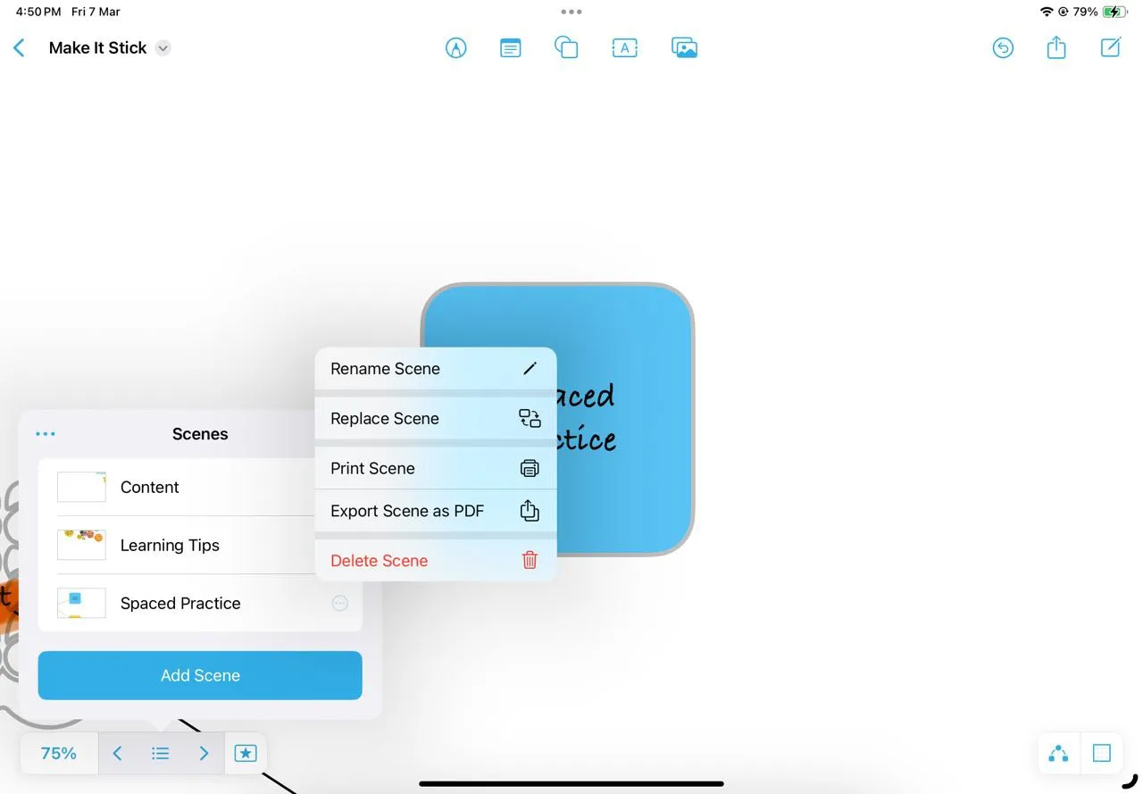 Giao diện Scenes Navigator trong Freeform giúp điều hướng nhanh chóng giữa các phần ghi chú chính.