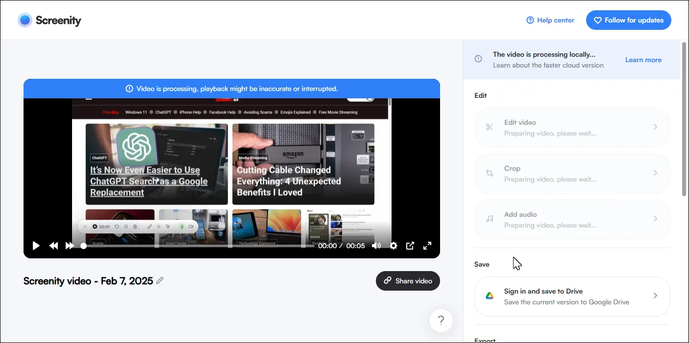 Giao diện Screenity hiển thị màn hình đang được ghi lại cùng các công cụ chú thích và cài đặt bổ sung