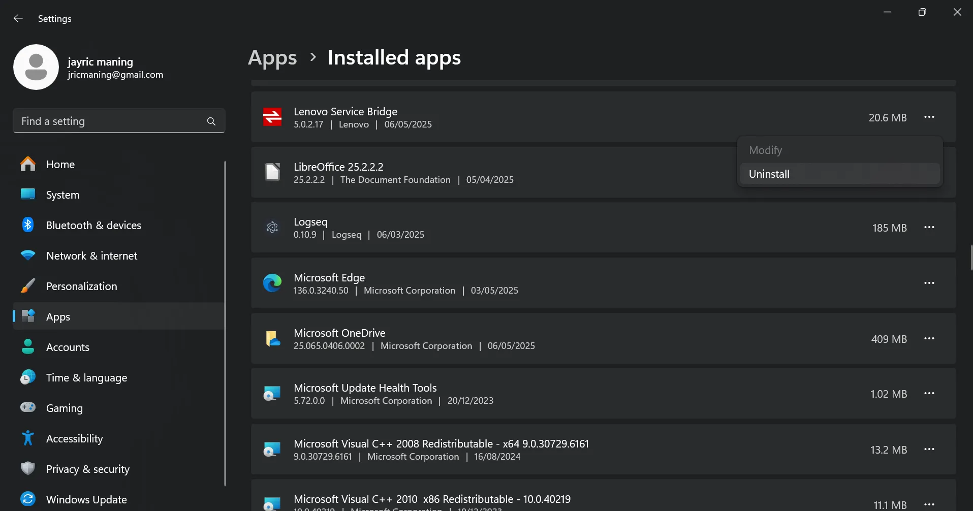 Giao diện Settings trên Windows hiển thị tùy chọn gỡ cài đặt ứng dụng thủ công