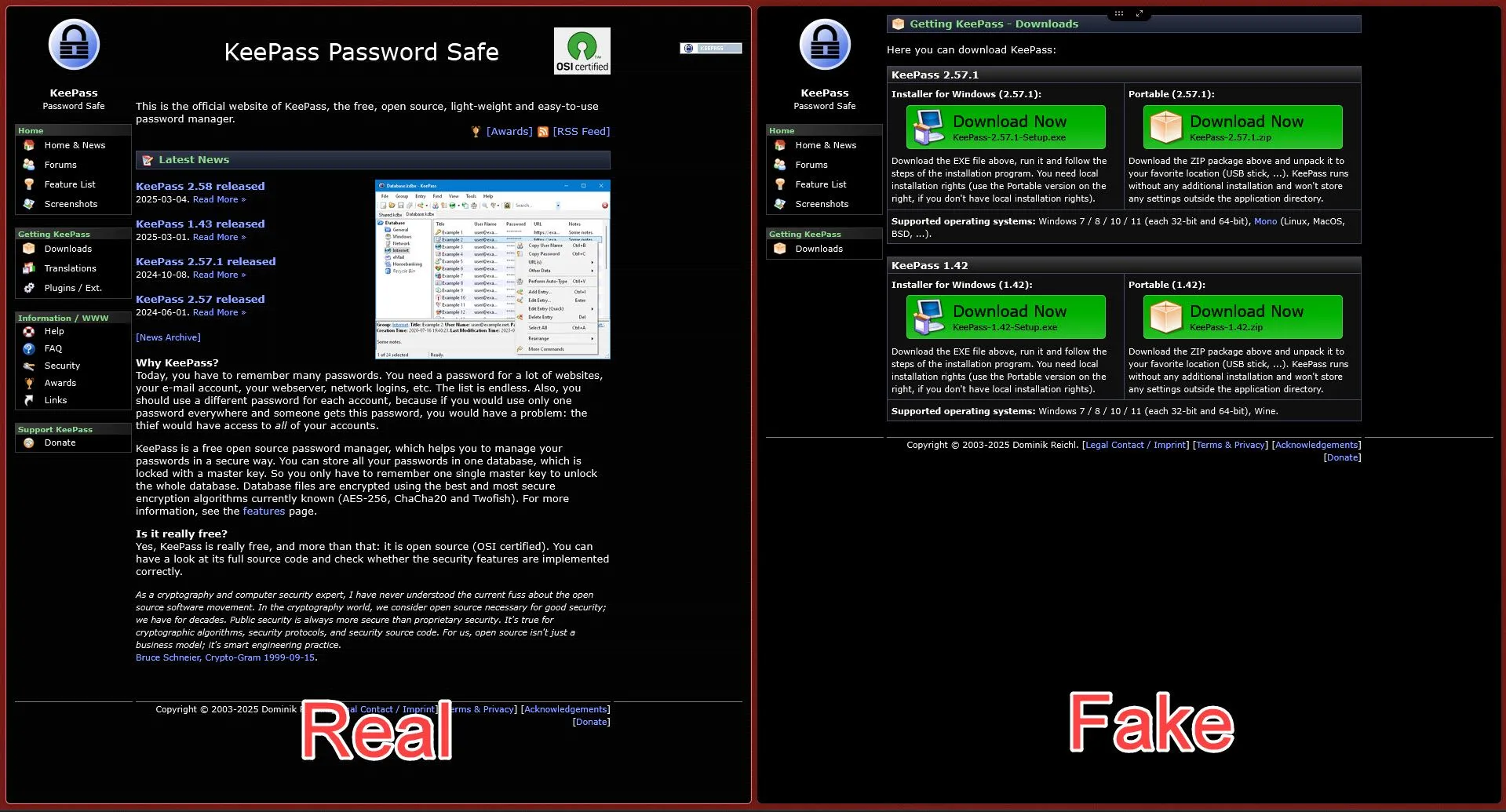 Giao diện so sánh website KeePass chính thức (keepass.info) và website KeePass giả mạo (keeppaswrd.com) đang phát tán mã độc KeeLoader để lừa đảo người dùng tải về.