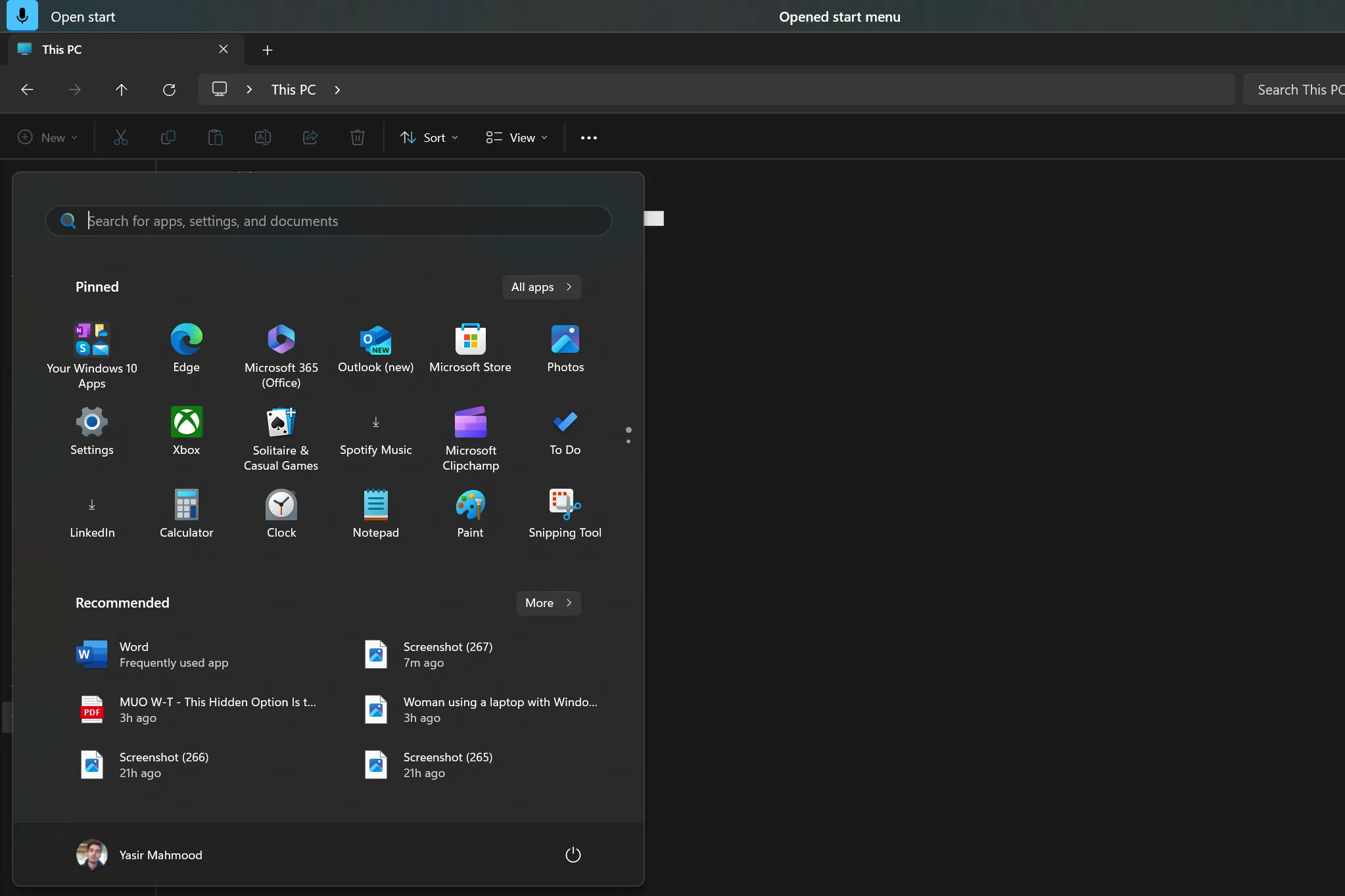 Giao diện Start Menu của Windows 11 được mở bằng lệnh giọng nói Voice Access.
