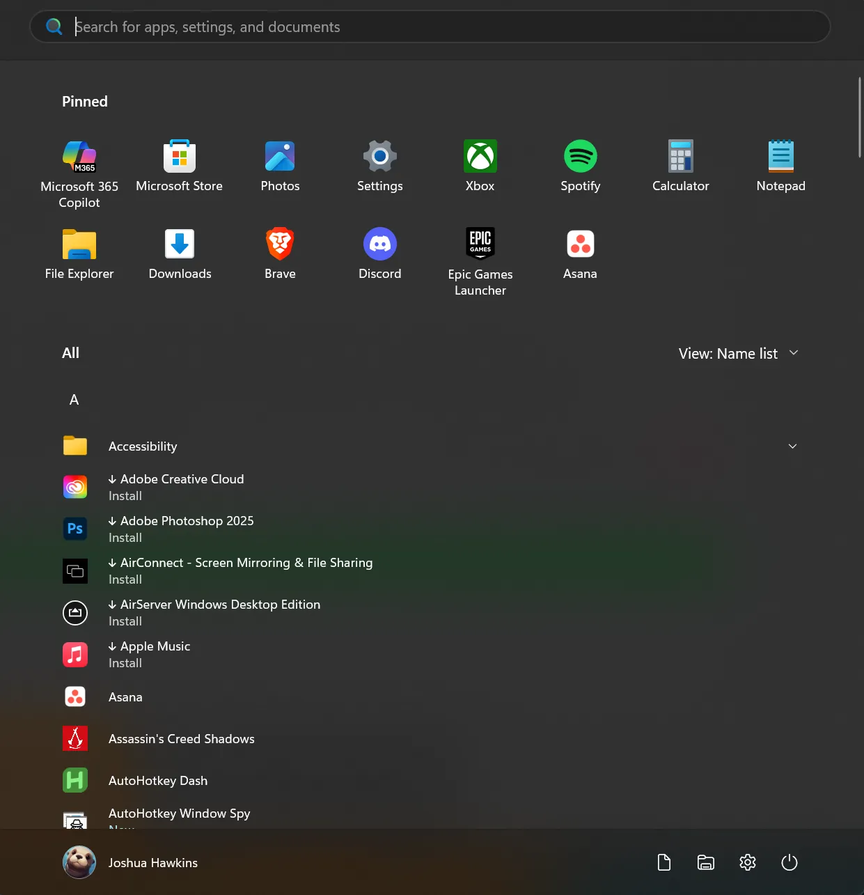Giao diện Start Menu Windows 11 mở rộng hiển thị danh sách tất cả ứng dụng trực tiếp, giúp truy cập nhanh chóng.