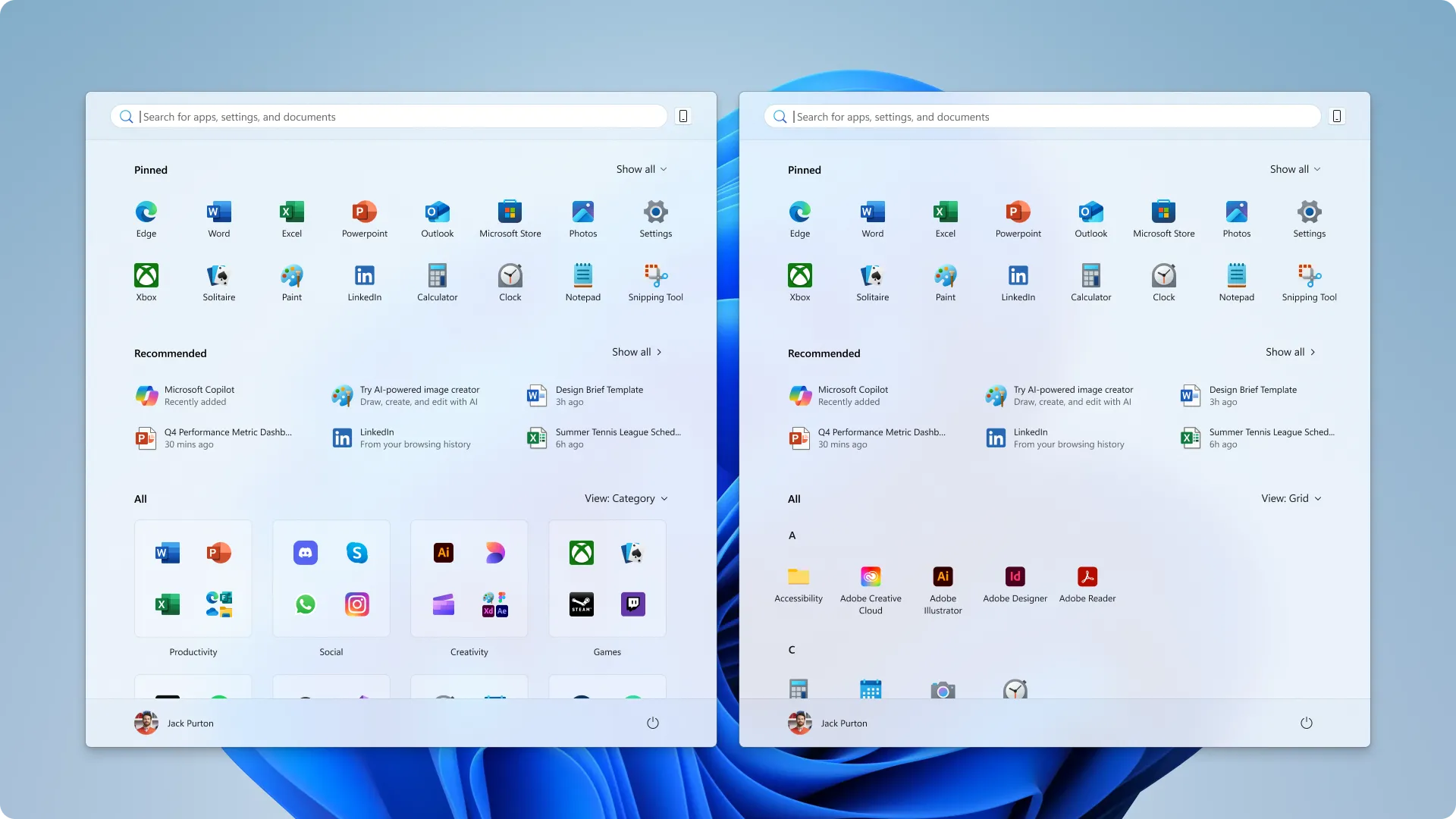 Giao diện Start Menu Windows 11 mới với tùy chọn Category và Grid