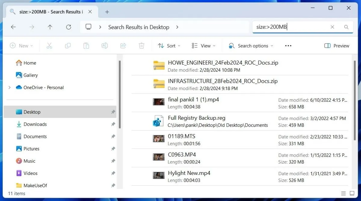 Giao diện sử dụng bộ lọc tìm kiếm nâng cao trong File Explorer