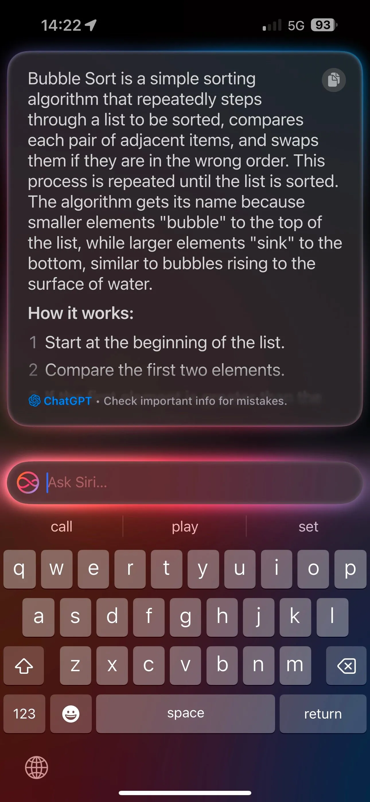 Giao diện sử dụng tiện ích mở rộng ChatGPT trong Siri trên iPhone