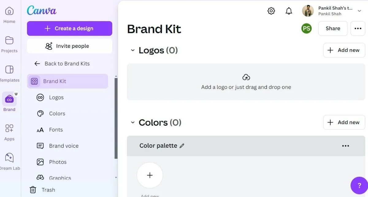 Giao diện tab Bộ Nhận Diện Thương Hiệu (Brand Kit) trong ứng dụng Canva