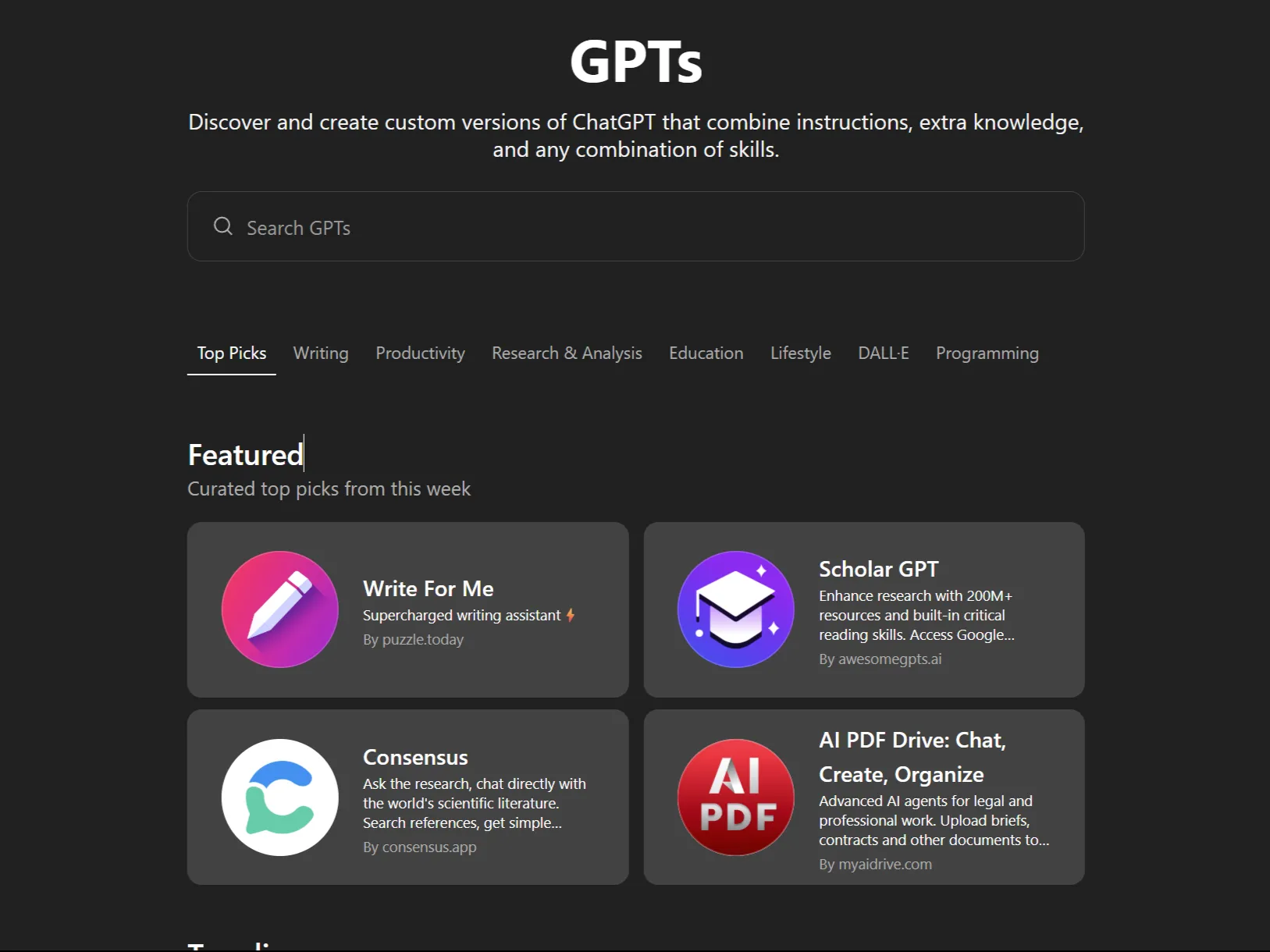 Giao diện tab Custom GPTs hiển thị các GPT nổi bật trong ứng dụng web ChatGPT, nhấn mạnh hệ sinh thái đa dạng.