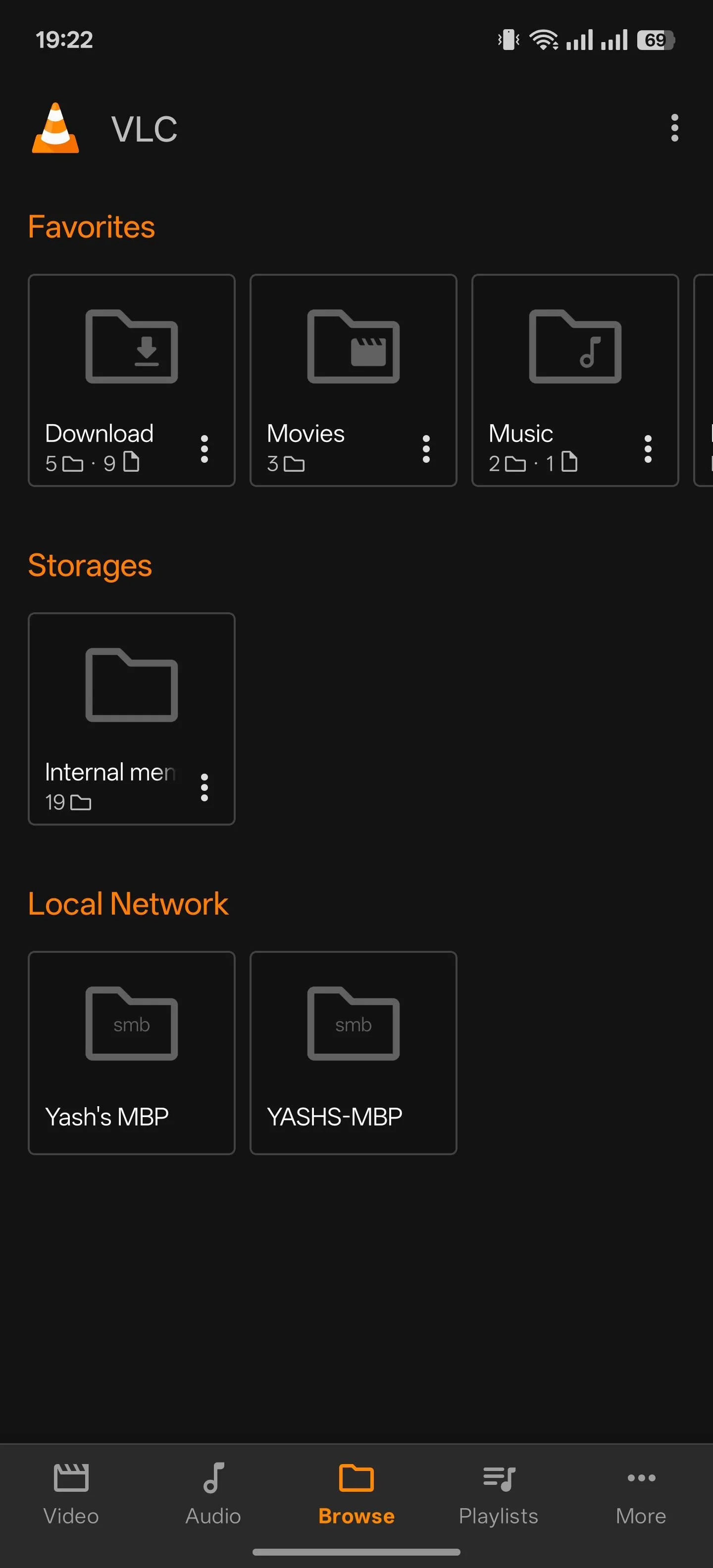 Giao diện tab Duyệt trong ứng dụng VLC cho Android, hiển thị các tùy chọn tìm kiếm và phát media.