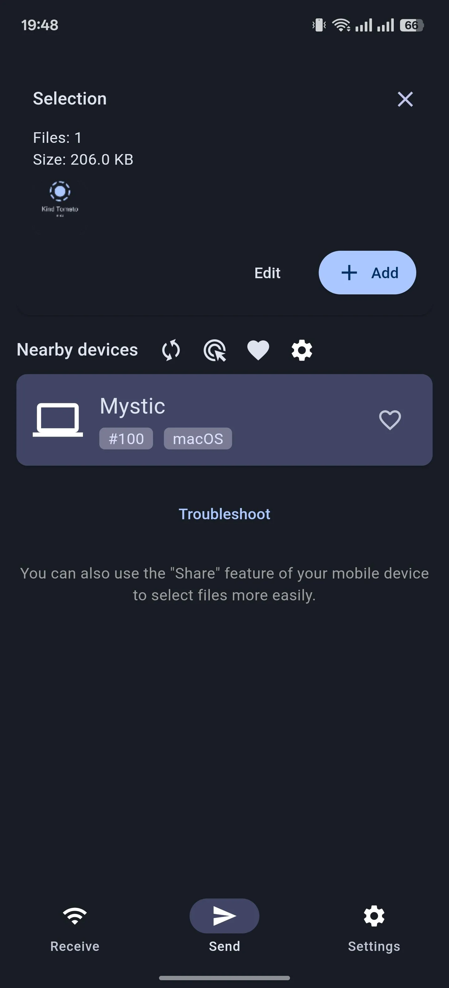 Giao diện tab Gửi của LocalSend trên Android, cho phép người dùng chọn tệp để truyền.