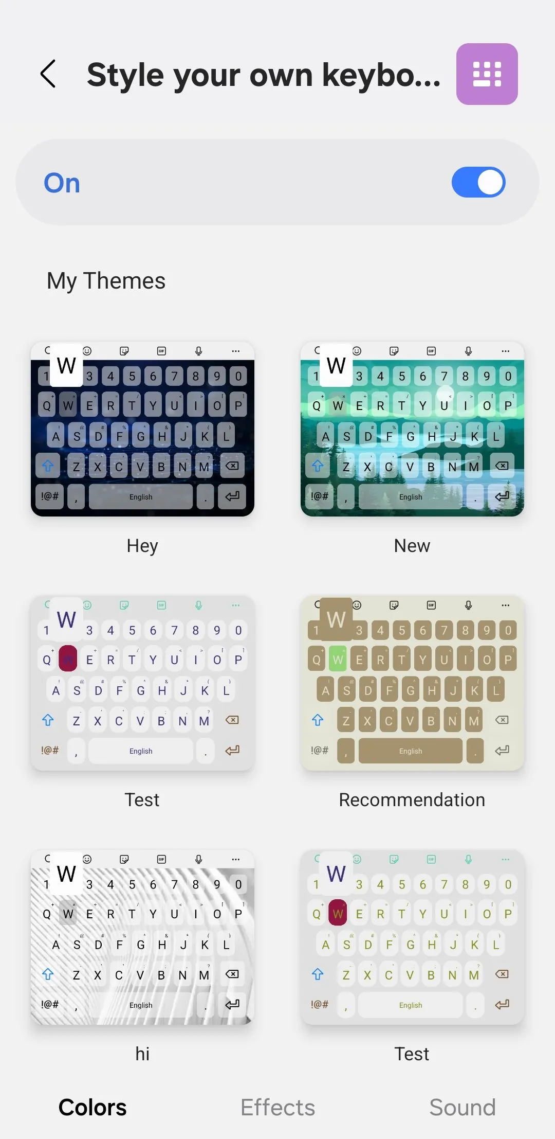 Giao diện tab &quot;Màu sắc&quot; trong ứng dụng Keys Cafe để tùy chỉnh màu sắc bàn phím Samsung