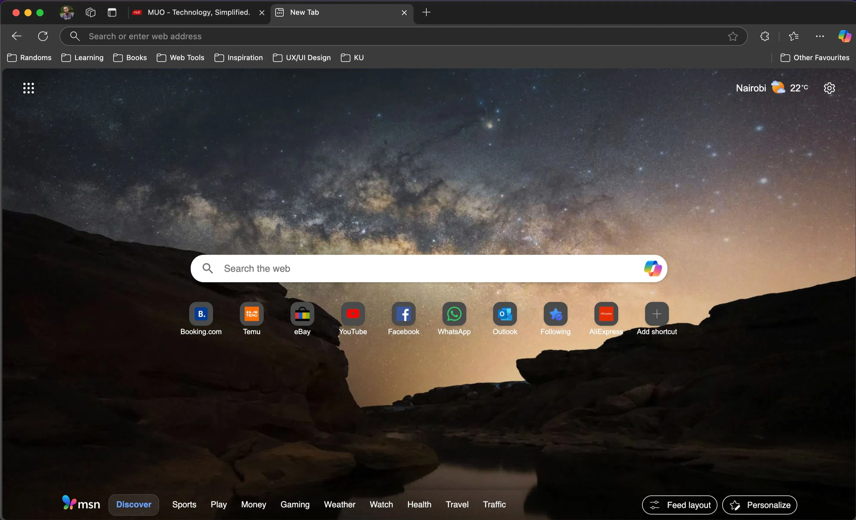 Giao diện tab mới của trình duyệt Microsoft Edge với thanh tìm kiếm và truy cập nhanh Copilot AI