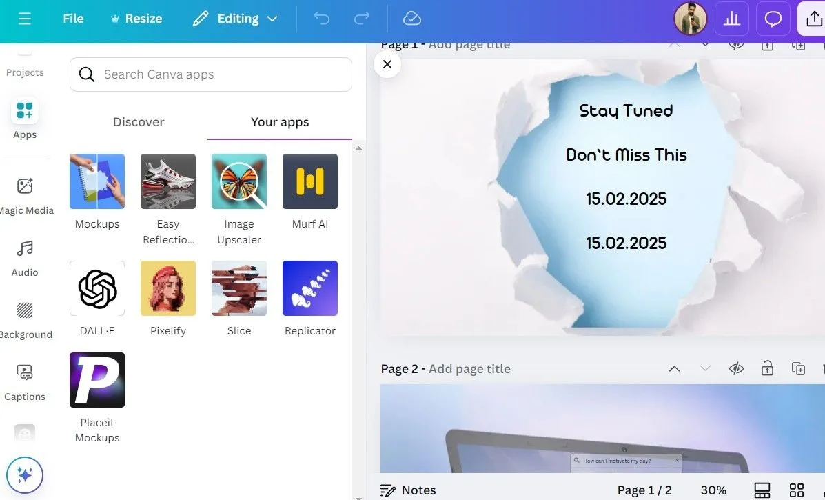 Giao diện tab Ứng dụng (Apps) trong ứng dụng Canva, hiển thị các tích hợp bên thứ ba