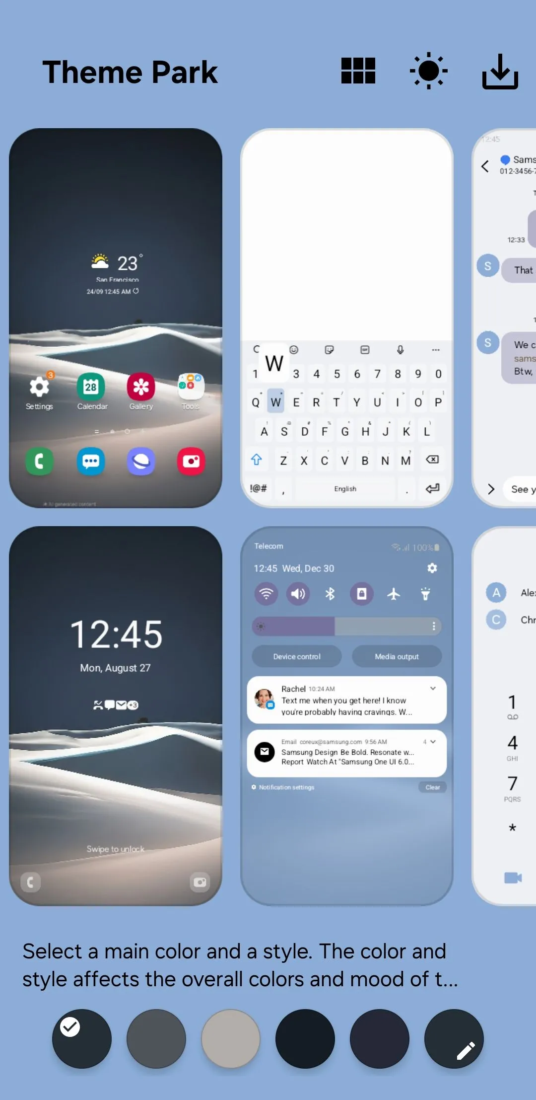 Giao diện tạo chủ đề mới trong ứng dụng Theme Park để tùy chỉnh giao diện Samsung Galaxy