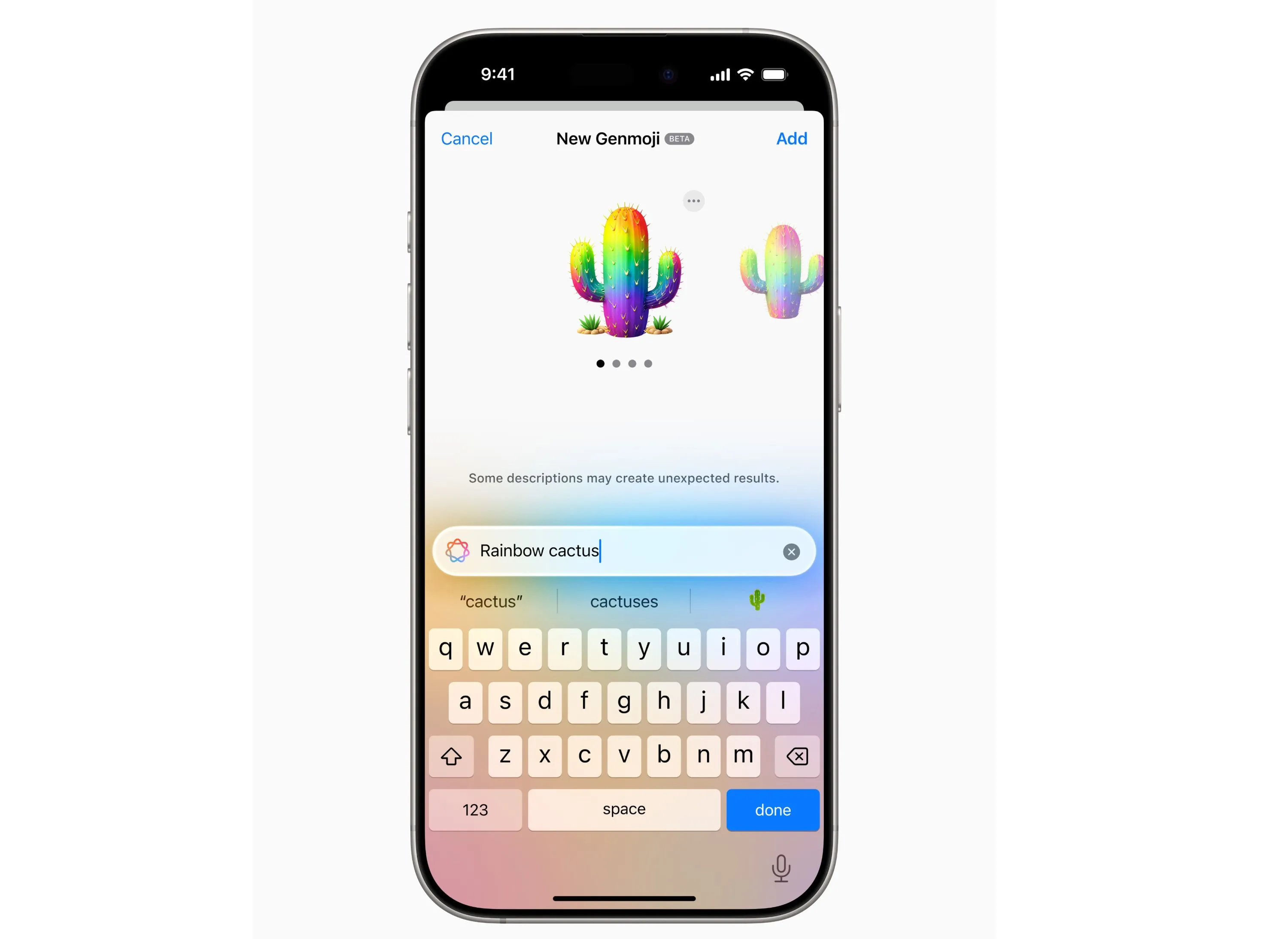 Giao diện tạo Genmoji trong bản cập nhật iOS 18.2 của Apple, minh họa cách người dùng có thể tạo emoji cá nhân hóa bằng AI.