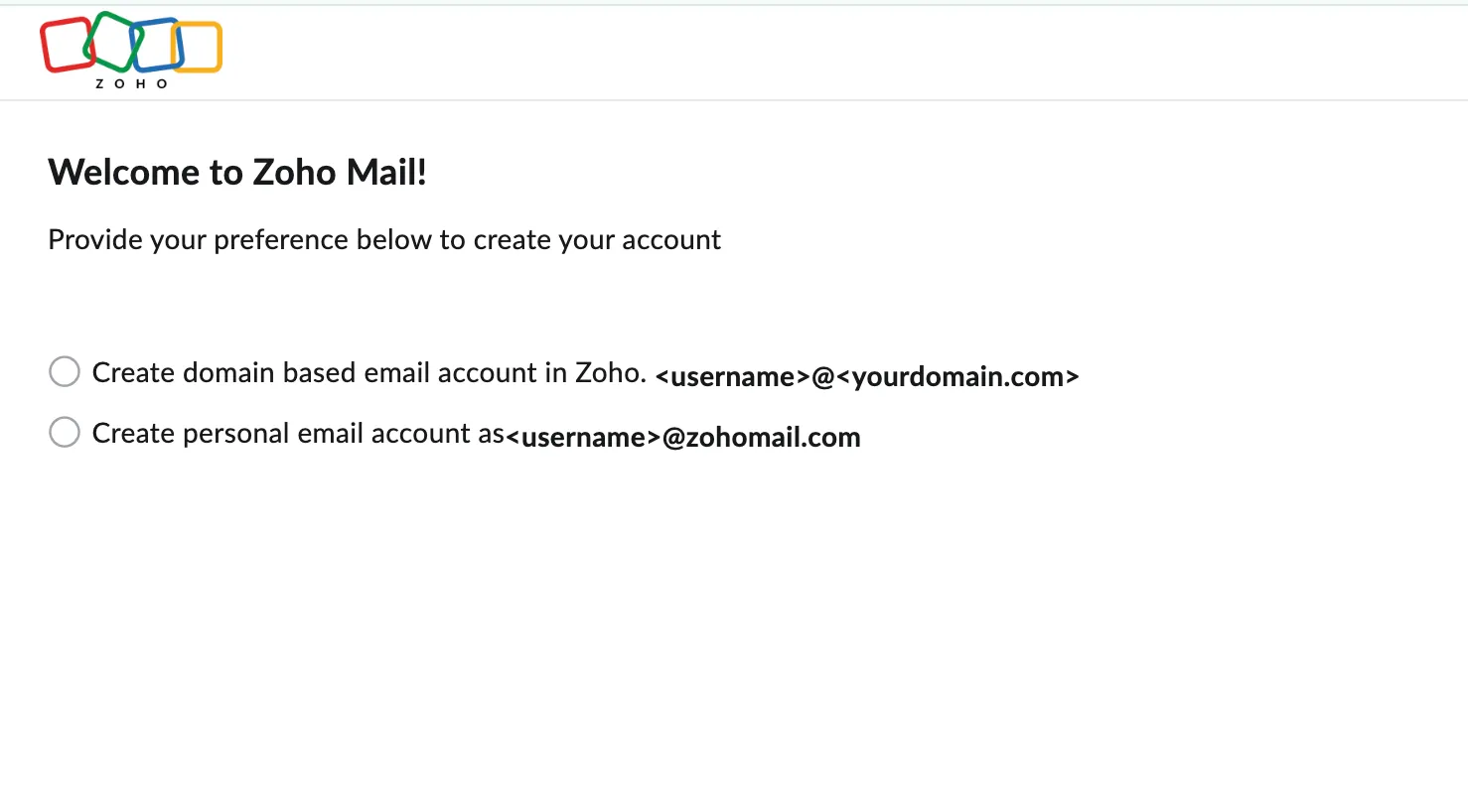 Giao diện tạo tài khoản Zoho Mail, cho phép đăng ký email với tên miền riêng cho doanh nghiệp nhỏ