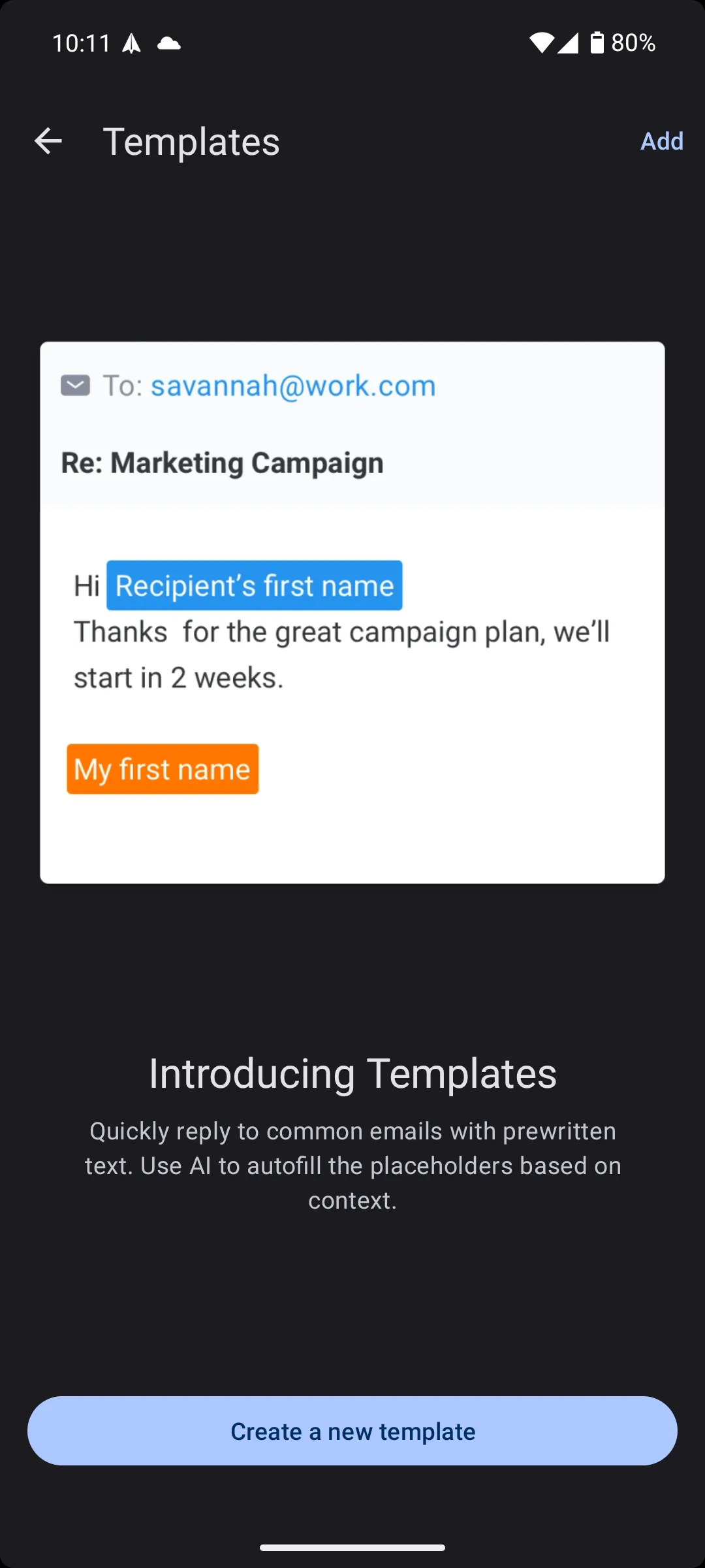 Giao diện tạo và quản lý các mẫu email (templates) trong ứng dụng Spark Mail Android