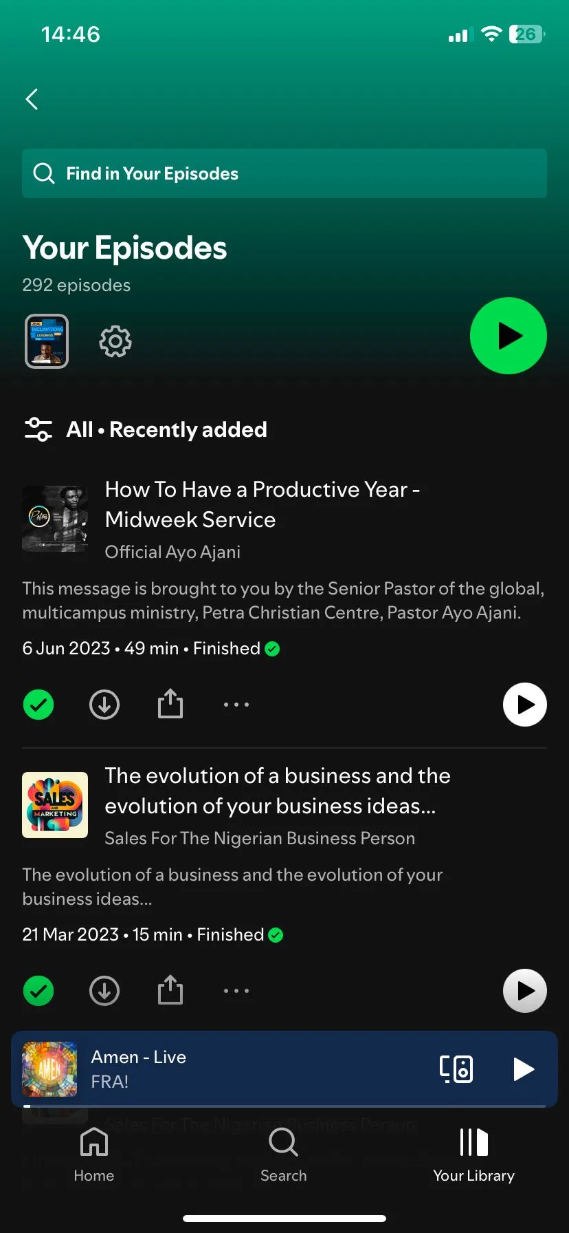 Giao diện &quot;Tập của bạn&quot; trong ứng dụng Spotify, nơi quản lý các podcast đã tải về
