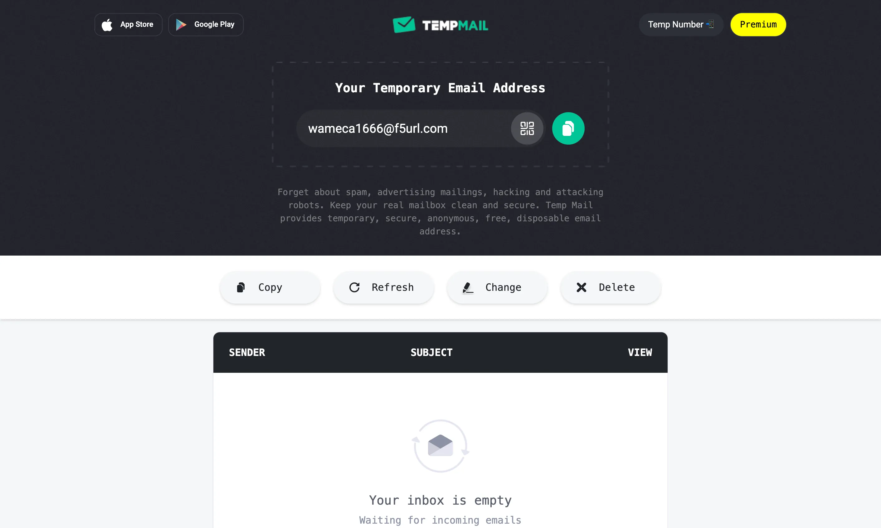 Giao diện Temp Mail hiển thị địa chỉ email tạm thời được tạo tự động, sẵn sàng để sử dụng, giúp bảo vệ hộp thư chính khỏi thư rác.