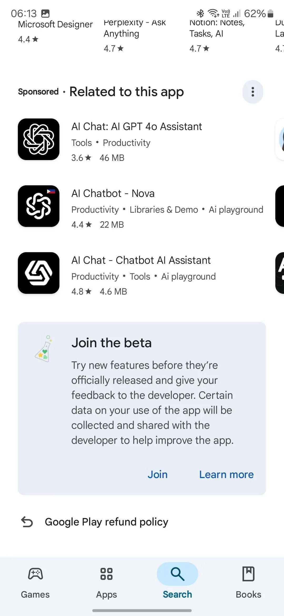 Giao diện tham gia chương trình beta của ChatGPT trên Google Play Store