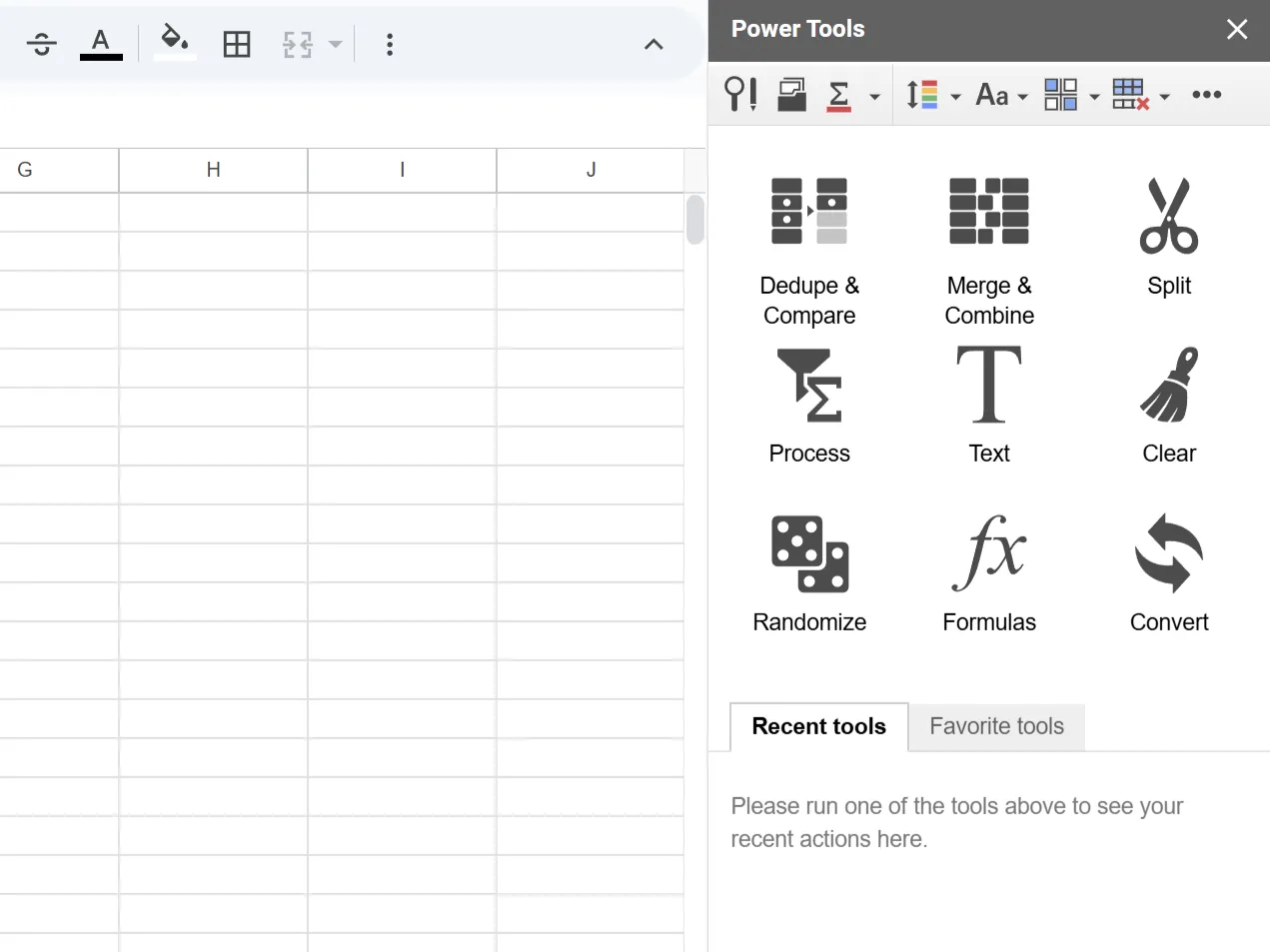 Giao diện thanh bên của tiện ích Power Tools trong Google Sheets, hiển thị các tùy chọn xử lý dữ liệu