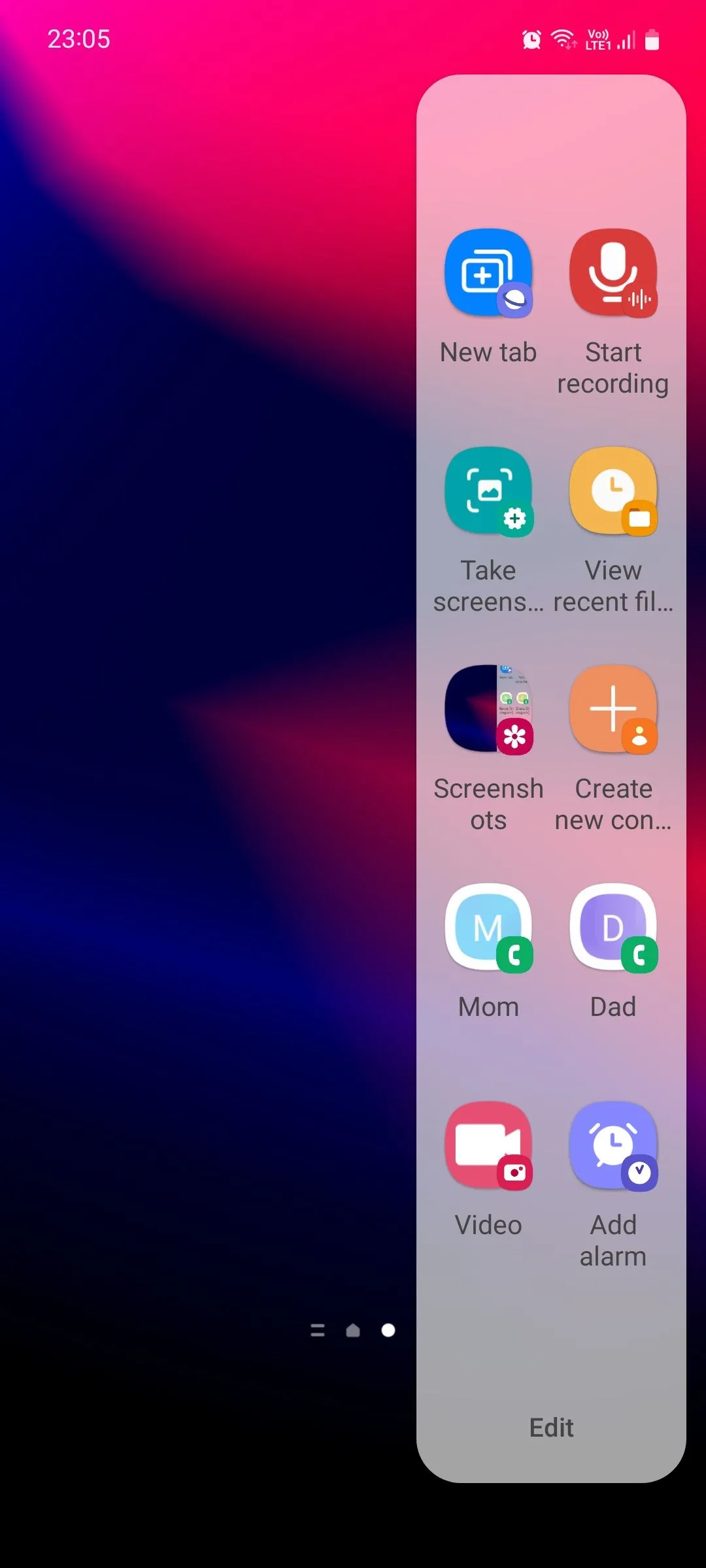 Giao diện thêm các phím tắt vào Bảng tác vụ (Tasks panel) của Samsung