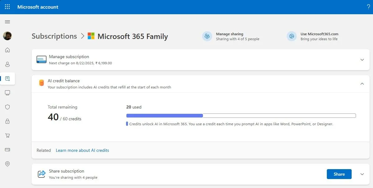 Giao diện theo dõi AI Credits cho Microsoft 365 trên trang quản lý tài khoản, giúp người dùng kiểm soát hạn mức sử dụng.