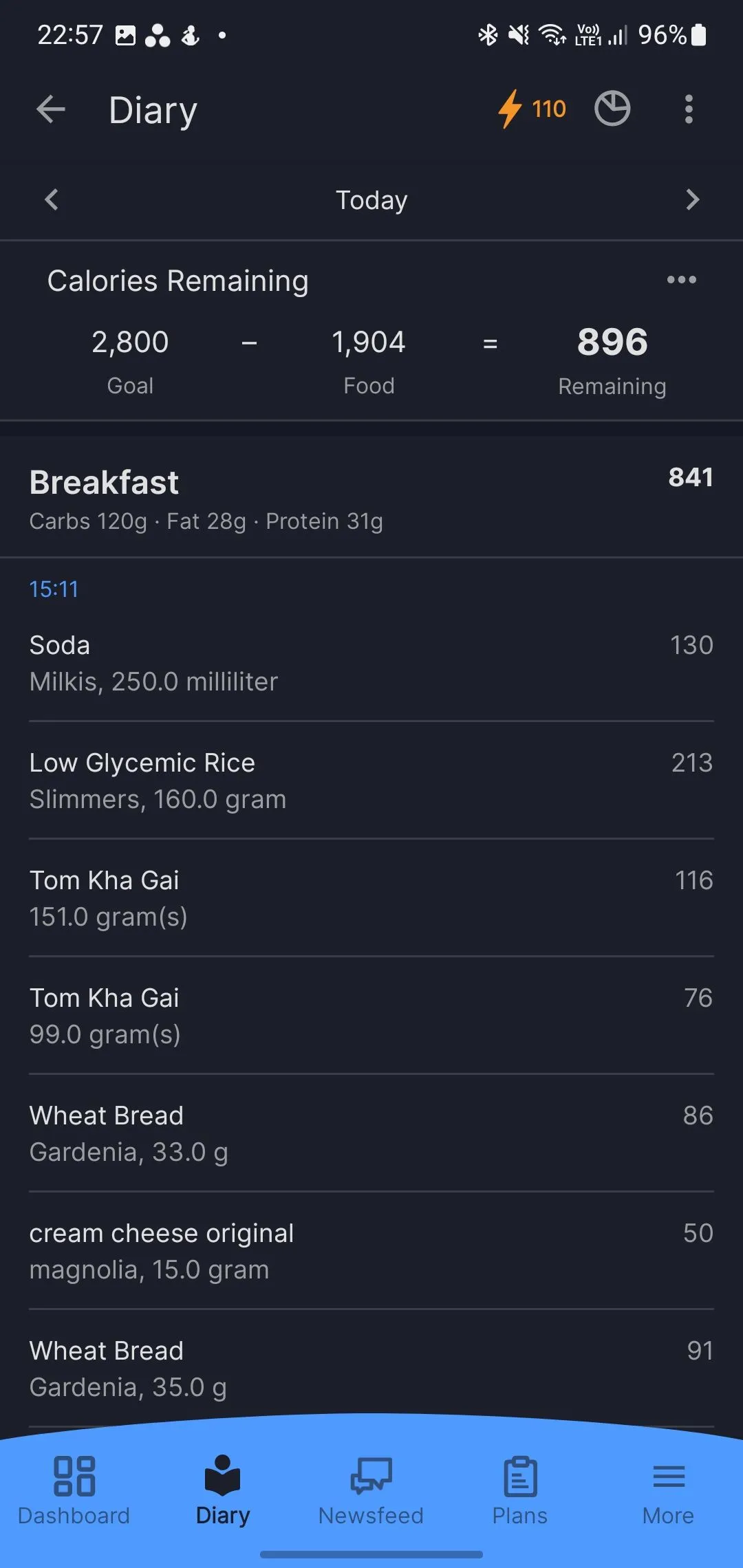 Giao diện theo dõi lượng calo và dinh dưỡng chi tiết trong ứng dụng MyFitnessPal.