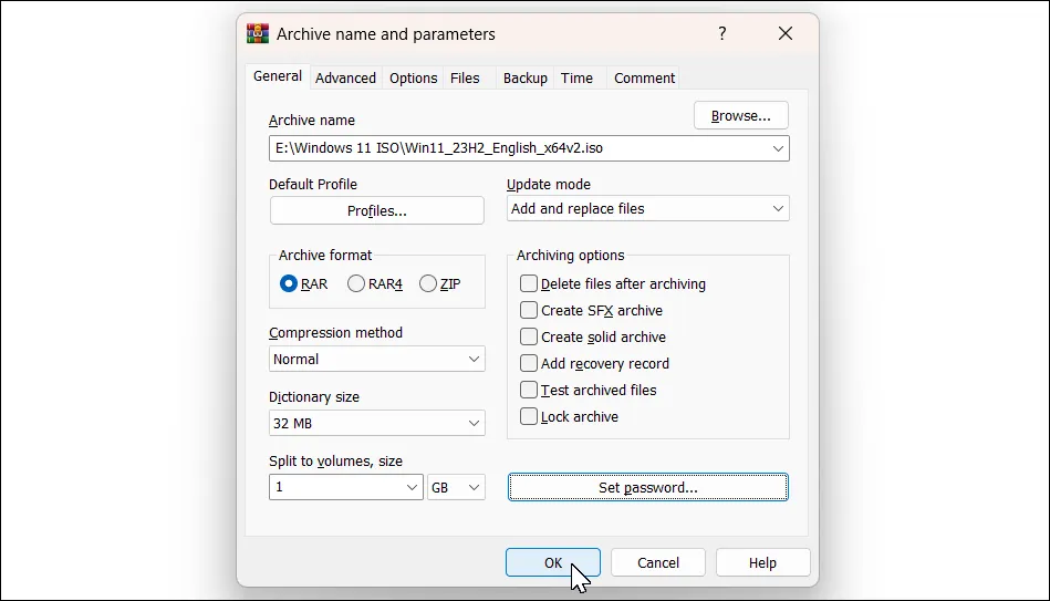 Giao diện thiết lập chia nhỏ file trong WinRAR trên Windows