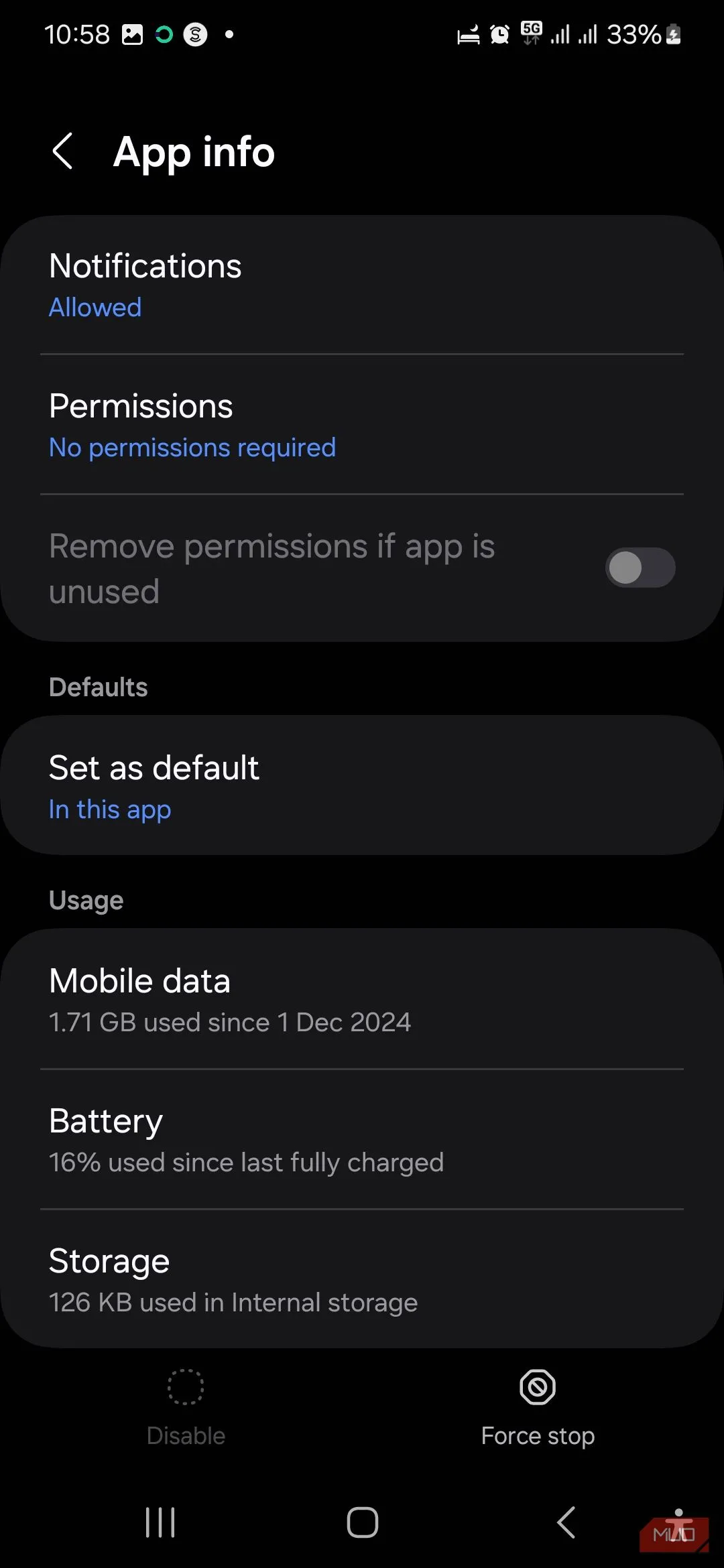 Giao diện thông tin ứng dụng USBSettings và tùy chọn Lưu trữ