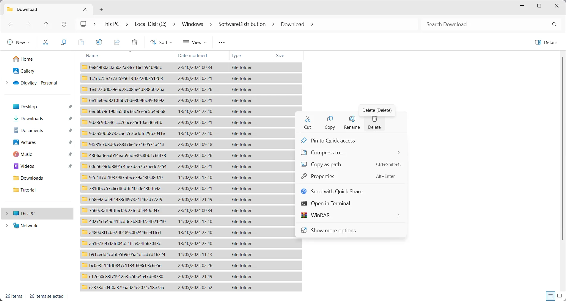 Giao diện thư mục Download của SoftwareDistribution sau khi đã xóa các tệp tin cập nhật