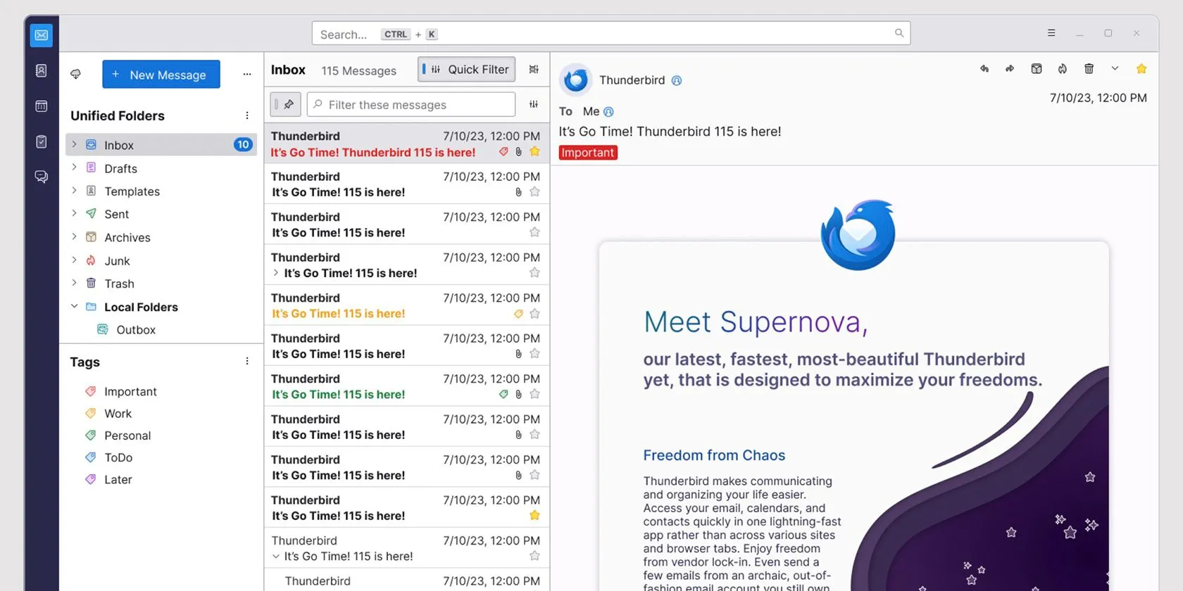 Giao diện Thunderbird 115 Supernova hiển thị hộp thư email đang mở và các tab tin nhắn