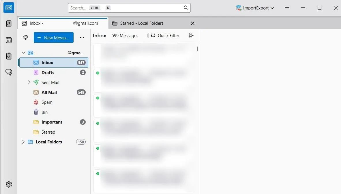 Giao diện Thunderbird hiển thị các thư mục cục bộ (Gmail MBOX đã nhập) và tài khoản Gmail mới thiết lập
