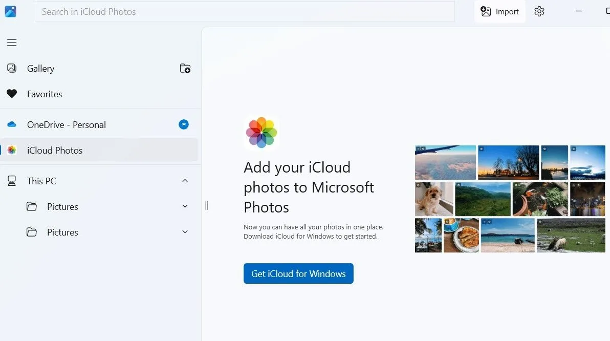 Giao diện tích hợp iCloud Photos và OneDrive trong ứng dụng Ảnh Windows 11