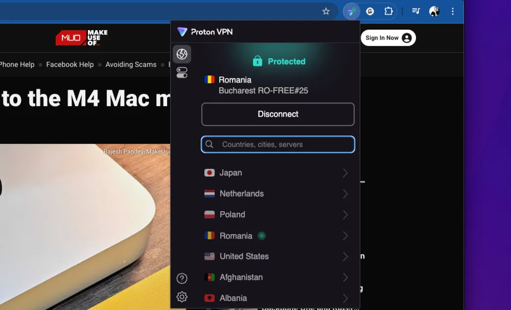 Giao diện tiện ích mở rộng ProtonVPN kết nối trên trình duyệt Chrome.