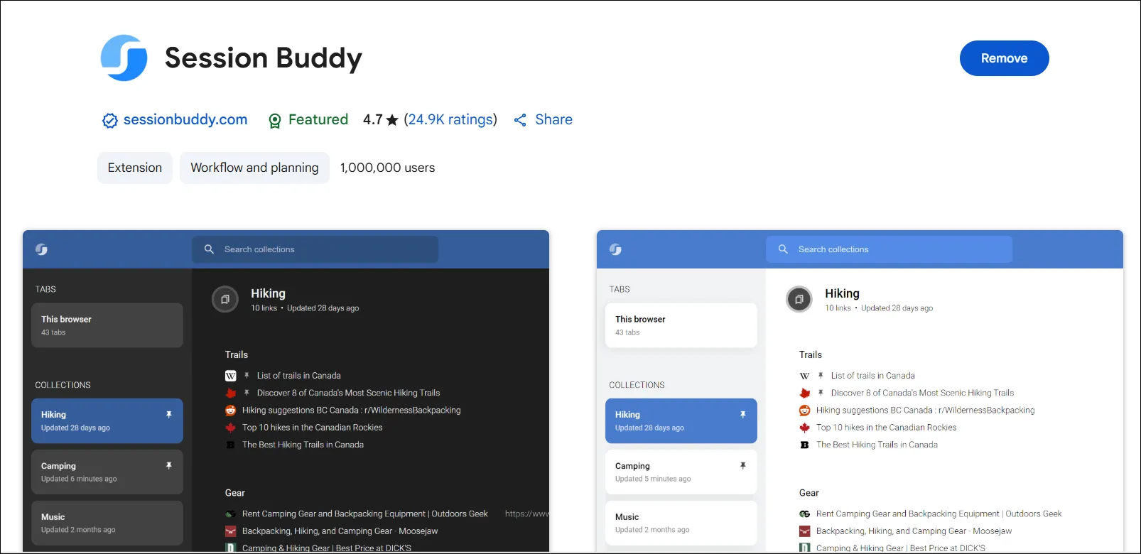 Giao diện tiện ích mở rộng Session Buddy trên trình duyệt Chrome giúp quản lý và lưu trữ các tab đang mở