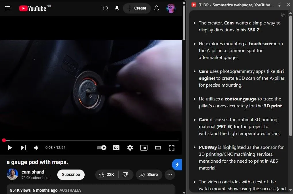 Giao diện tiện ích TLDR Chrome tóm tắt video YouTube về hệ thống định vị xe hơi tự chế