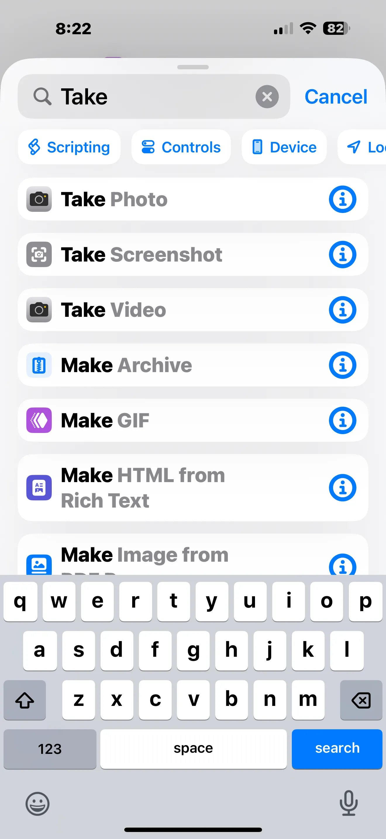Giao diện tìm kiếm hành động "Take Screenshot" trong ứng dụng Phím tắt trên iPhone.