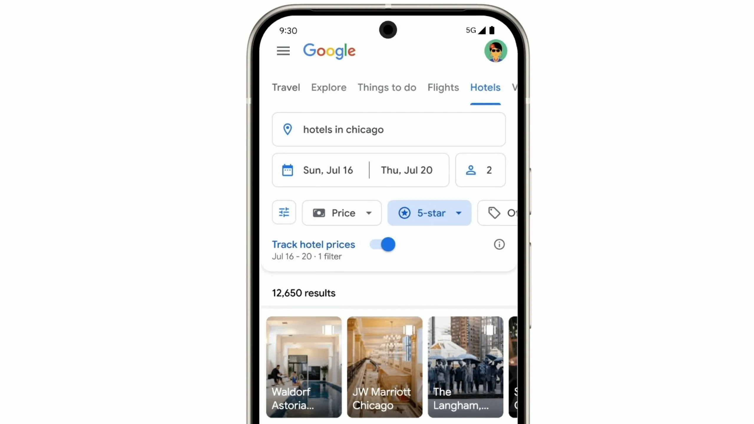 Giao diện tìm kiếm khách sạn trên Google Hotels với tùy chọn &quot;Track hotel prices&quot; (Theo dõi giá khách sạn) được hiển thị, cho phép người dùng nhận thông báo về biến động giá.