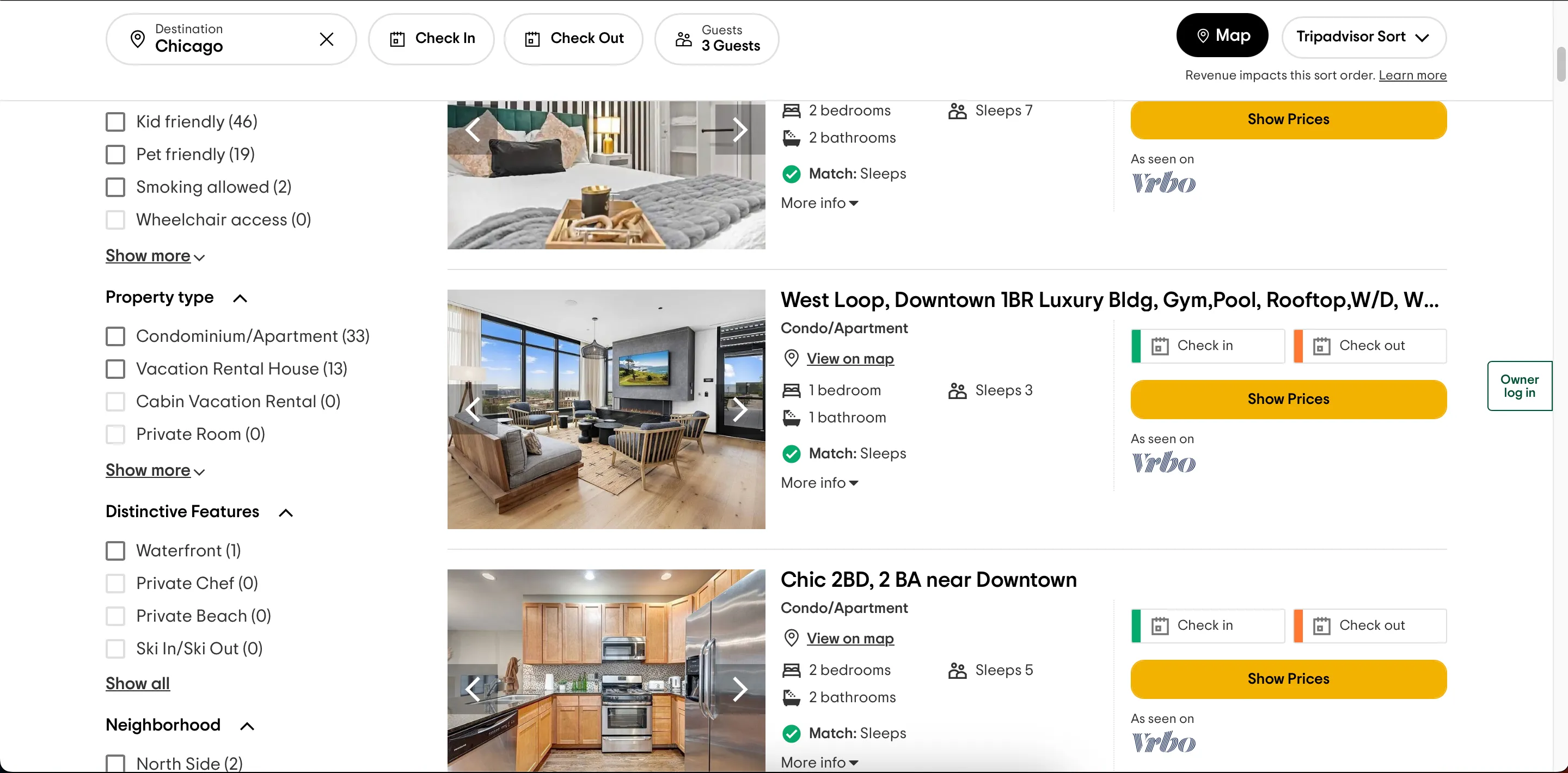 Giao diện tìm kiếm nhà nghỉ dưỡng trên ứng dụng Tripadvisor