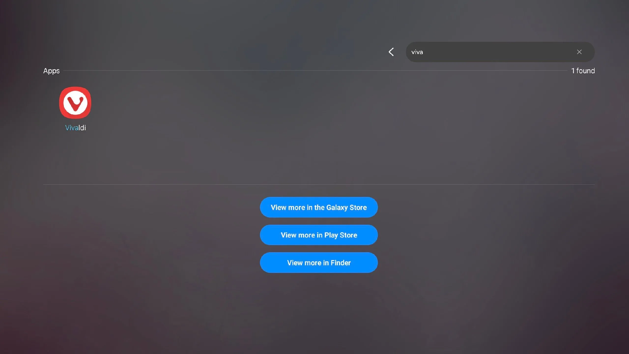 Giao diện tìm kiếm ứng dụng trên Samsung DeX, minh họa cách mở Vivaldi nhanh chóng bằng phím tắt thay vì dùng thanh tác vụ.