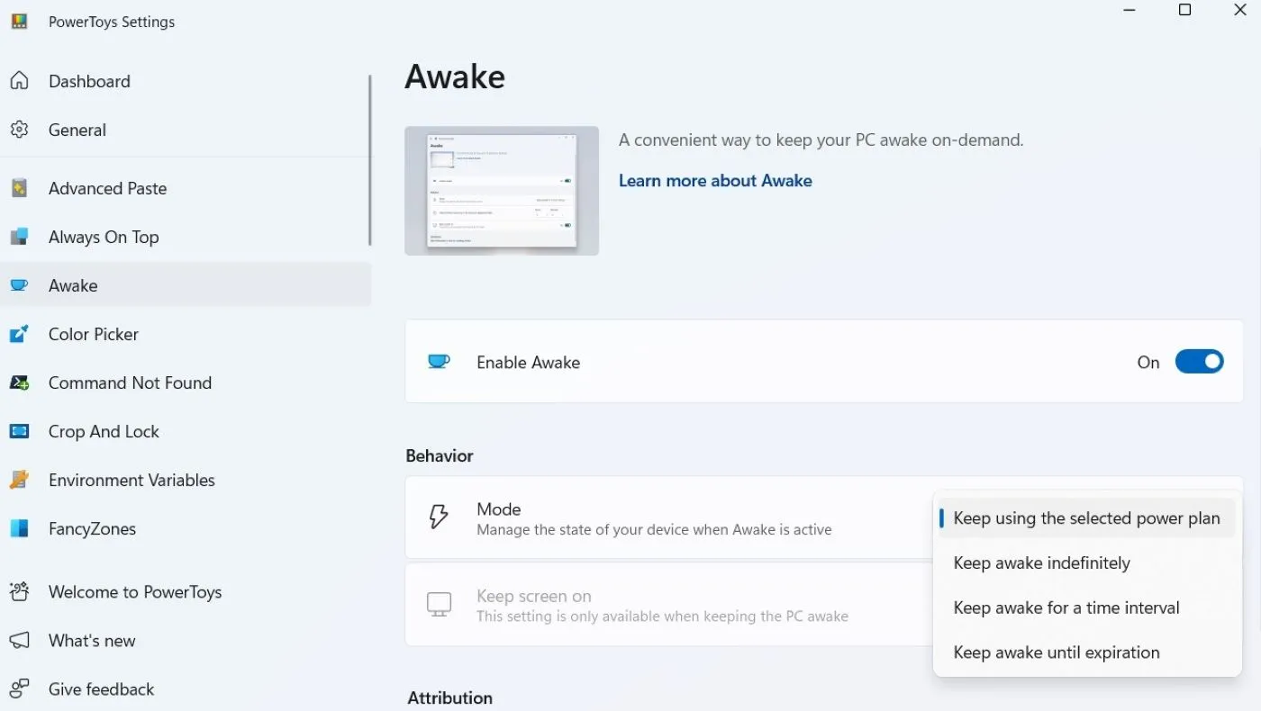 Giao diện tính năng Awake của Microsoft PowerToys, cho phép duy trì trạng thái hoạt động của máy tính.