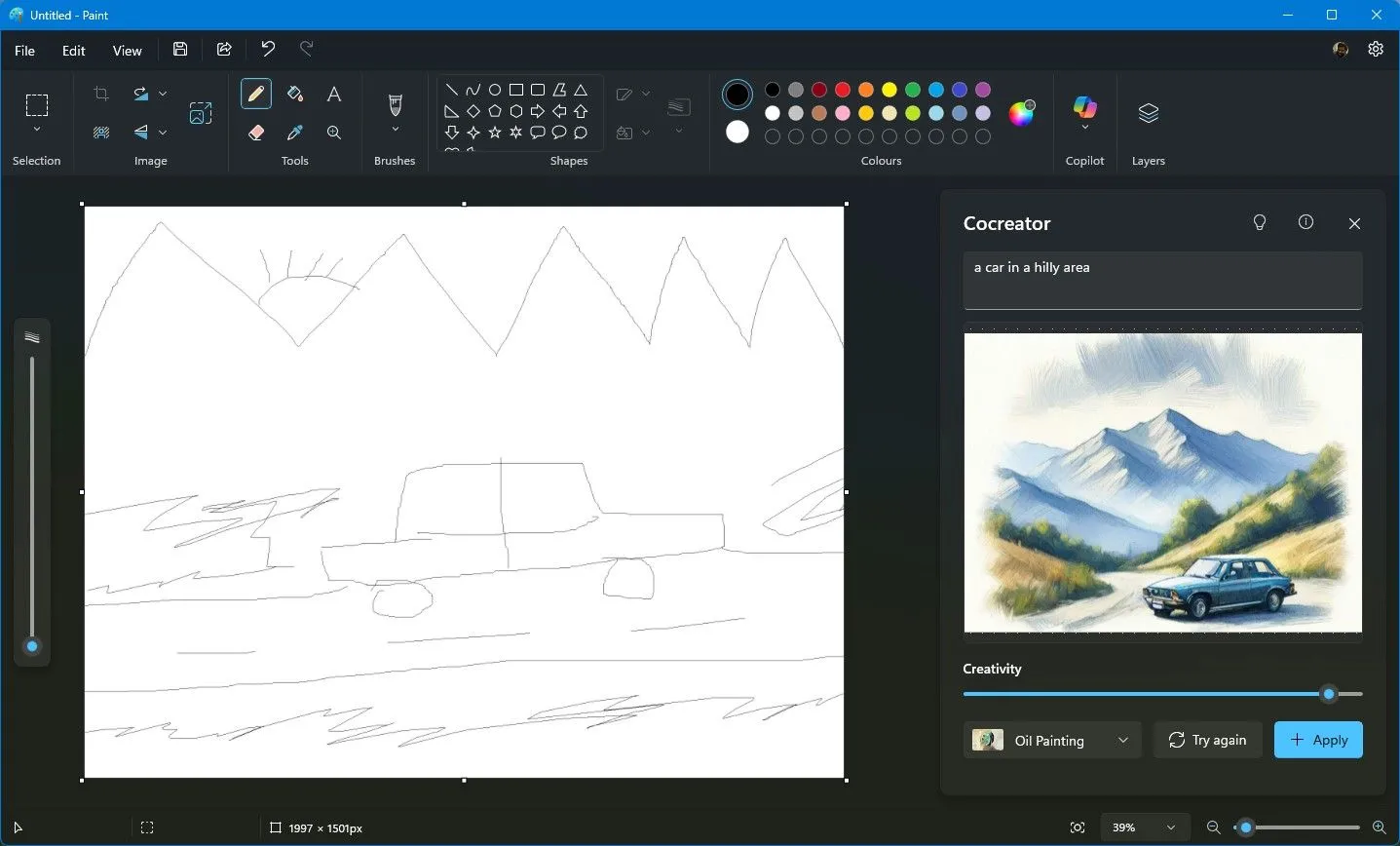 Giao diện tính năng Cocreator trong Microsoft Paint, minh họa quá trình AI biến phác thảo thành tác phẩm nghệ thuật chi tiết.